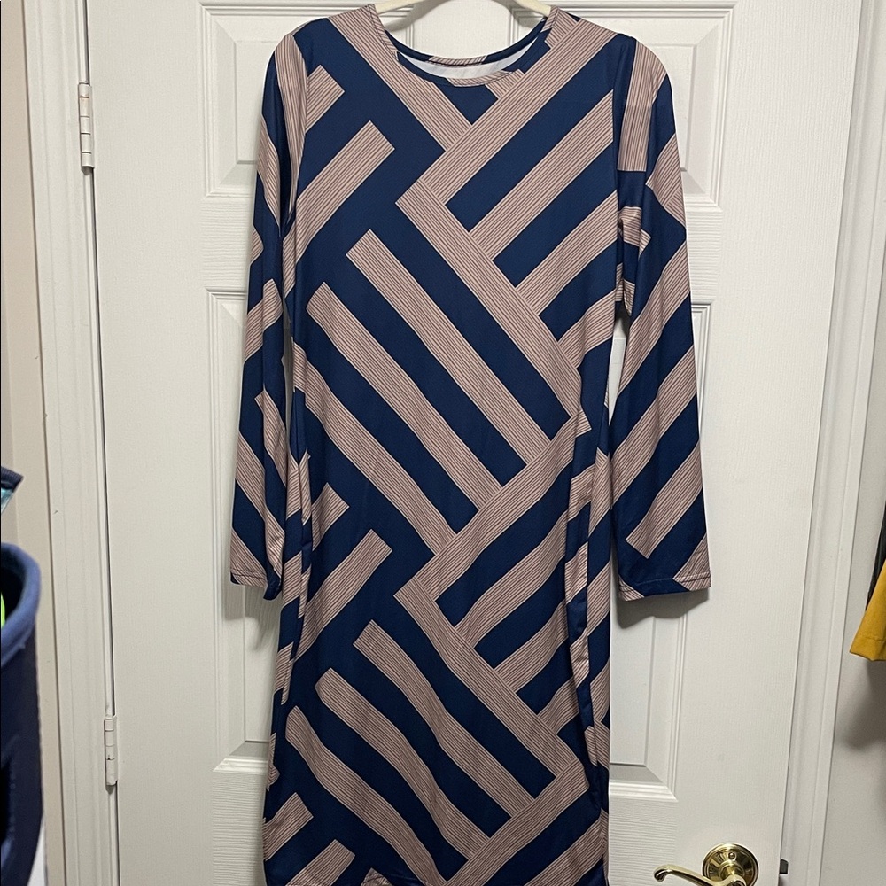 SHEIN Long Sleeve XL Dress Blue & Tan Stripes soft t-shirt feel EUC